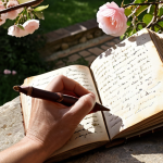 **A phenological diary in a Tuscan garden:** Close-up shot of a hand writing in a weathered leather-bound journal, surrounded by blooming cherry blossoms and early roses in a sun-drenched Tuscan garden, reflecting the changing bloom times.