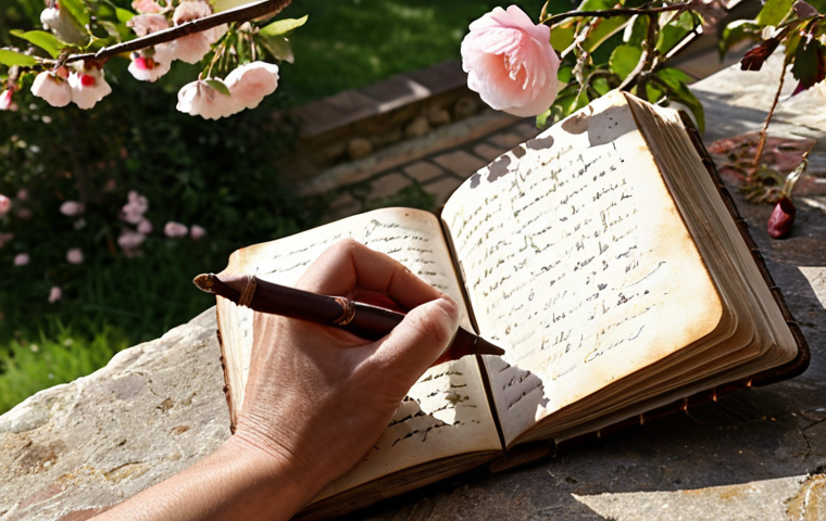 **A phenological diary in a Tuscan garden:** Close-up shot of a hand writing in a weathered leather-bound journal, surrounded by blooming cherry blossoms and early roses in a sun-drenched Tuscan garden, reflecting the changing bloom times.