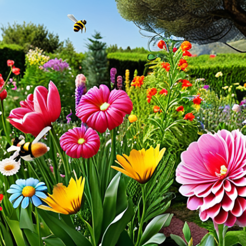 **Image of blooming flowers:** A vibrant garden in spring, showcasing the first blooms of the season. Capture a variety of colorful flowers, with bees and butterflies flitting around, emphasizing the start of new life and seasonal changes. Focus on Italian flowers.