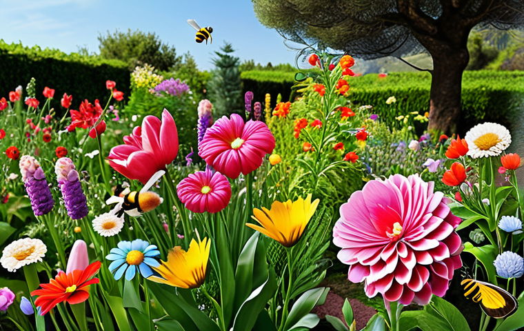 **Image of blooming flowers:** A vibrant garden in spring, showcasing the first blooms of the season. Capture a variety of colorful flowers, with bees and butterflies flitting around, emphasizing the start of new life and seasonal changes. Focus on Italian flowers.