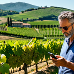 Home 10 A focused Italian citizen, appearing to be in their 40s, stands in a vibrant vineyard in Tuscany, Italy, under a clear, bright sky. They are holding a smartphone and carefully observing a cluster of grapes on a vine, as if documenting phenological data. The person is wearing practical, modest outdoor attire, including a light long-sleeved shirt and sturdy trousers. The background features rolling hills covered in lush grapevines and a traditional Italian stone farmhouse. Perfect anatomy, correct proportions, natural pose, well-formed hands, proper finger count, natural body proportions. Professional photography, high quality, fully clothed, appropriate attire, safe for work, appropriate content, family-friendly.