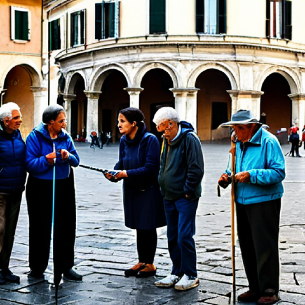 Citizen Climate Observation**
"A diverse group of fully clothed citizens, including farmers, students, and seniors, participating in a climate observation project in a sunny Italian town square. They are using simple instruments to measure temperature and rainfall. The scene is family-friendly and shows a sense of community engagement. Background includes traditional Italian architecture. Safe for work, appropriate content, professional photography, perfect anatomy, natural proportions, modest clothing."
**