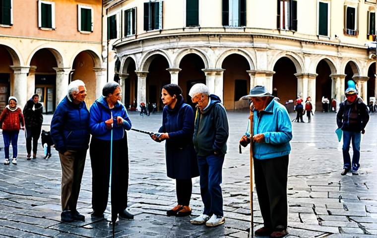 Citizen Climate Observation**
"A diverse group of fully clothed citizens, including farmers, students, and seniors, participating in a climate observation project in a sunny Italian town square. They are using simple instruments to measure temperature and rainfall. The scene is family-friendly and shows a sense of community engagement. Background includes traditional Italian architecture. Safe for work, appropriate content, professional photography, perfect anatomy, natural proportions, modest clothing."
**