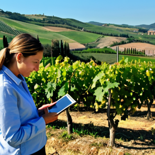 Home 20 Citizen Scientist in Tuscany**
A fully clothed woman, appropriate attire for fieldwork, stands in a Tuscan vineyard, observing grapevines with a tablet. She is taking notes on plant health as part of a citizen science project. Rolling hills and a bright blue sky form the background. Perfect anatomy, natural pose, well-formed hands, proper finger count. Safe for work, appropriate content, fully clothed, professional, modest, family-friendly. High-quality photography, natural lighting.
**