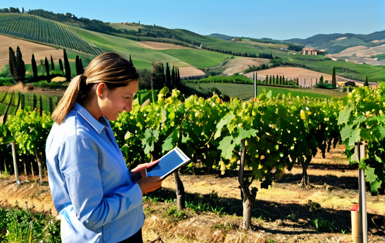 Citizen Scientist in Tuscany**
A fully clothed woman, appropriate attire for fieldwork, stands in a Tuscan vineyard, observing grapevines with a tablet. She is taking notes on plant health as part of a citizen science project. Rolling hills and a bright blue sky form the background. Perfect anatomy, natural pose, well-formed hands, proper finger count. Safe for work, appropriate content, fully clothed, professional, modest, family-friendly. High-quality photography, natural lighting.
**