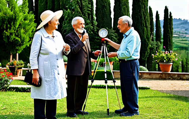 **
"A group of diverse people, including families and seniors, fully clothed in appropriate outdoor attire, using handheld weather instruments like thermometers and rain gauges in a sunny Italian garden. Background shows a charming Tuscan villa. Safe for work, appropriate content, professional photography, perfect anatomy, natural proportions, family-friendly, modest clothing, observing nature."
**