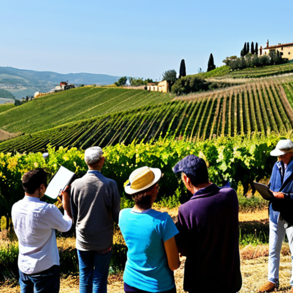 기후변화 시민 관측의 상호작용 연구 - "A group of Italian citizens, fully clothed, participating in a phenology project in a Tuscan vineya...