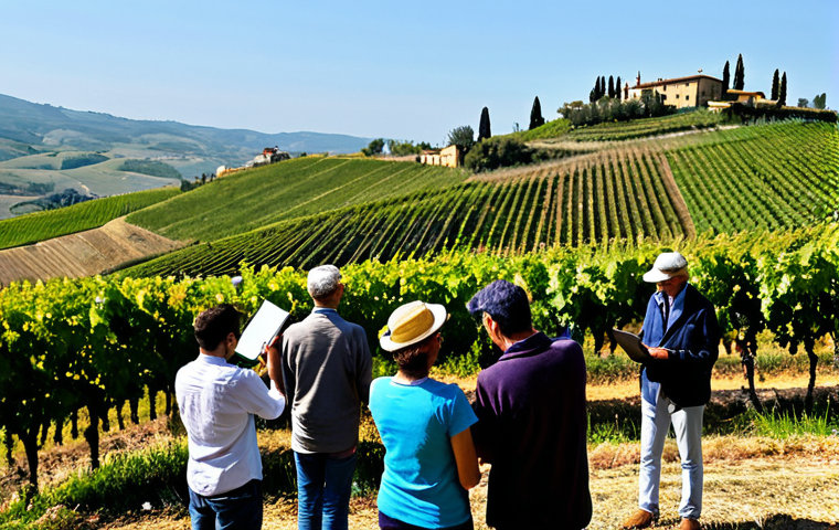 기후변화 시민 관측의 상호작용 연구 - "A group of Italian citizens, fully clothed, participating in a phenology project in a Tuscan vineya...