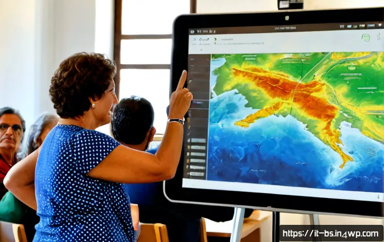 기후변화 데이터 공개 및 시민 참여 - Photorealistic bright community climate data workshop in an Italian municipal library, diverse adult...